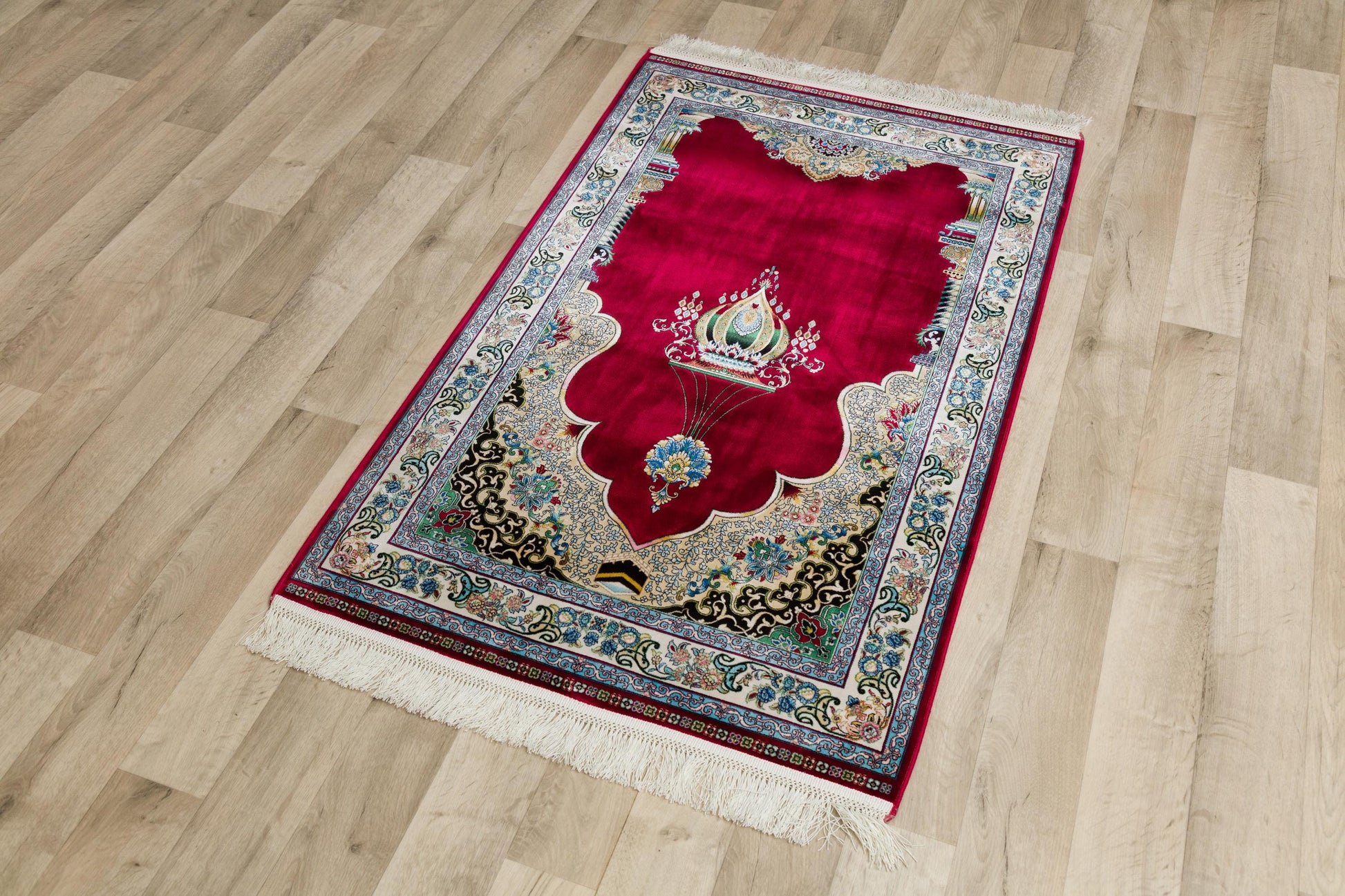 Red Silk-Look Turkish Prayer Rug: Islamic Floral Lantern Design