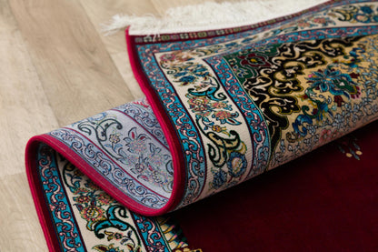 Red Silk-Look Turkish Prayer Rug: Islamic Floral Lantern Design