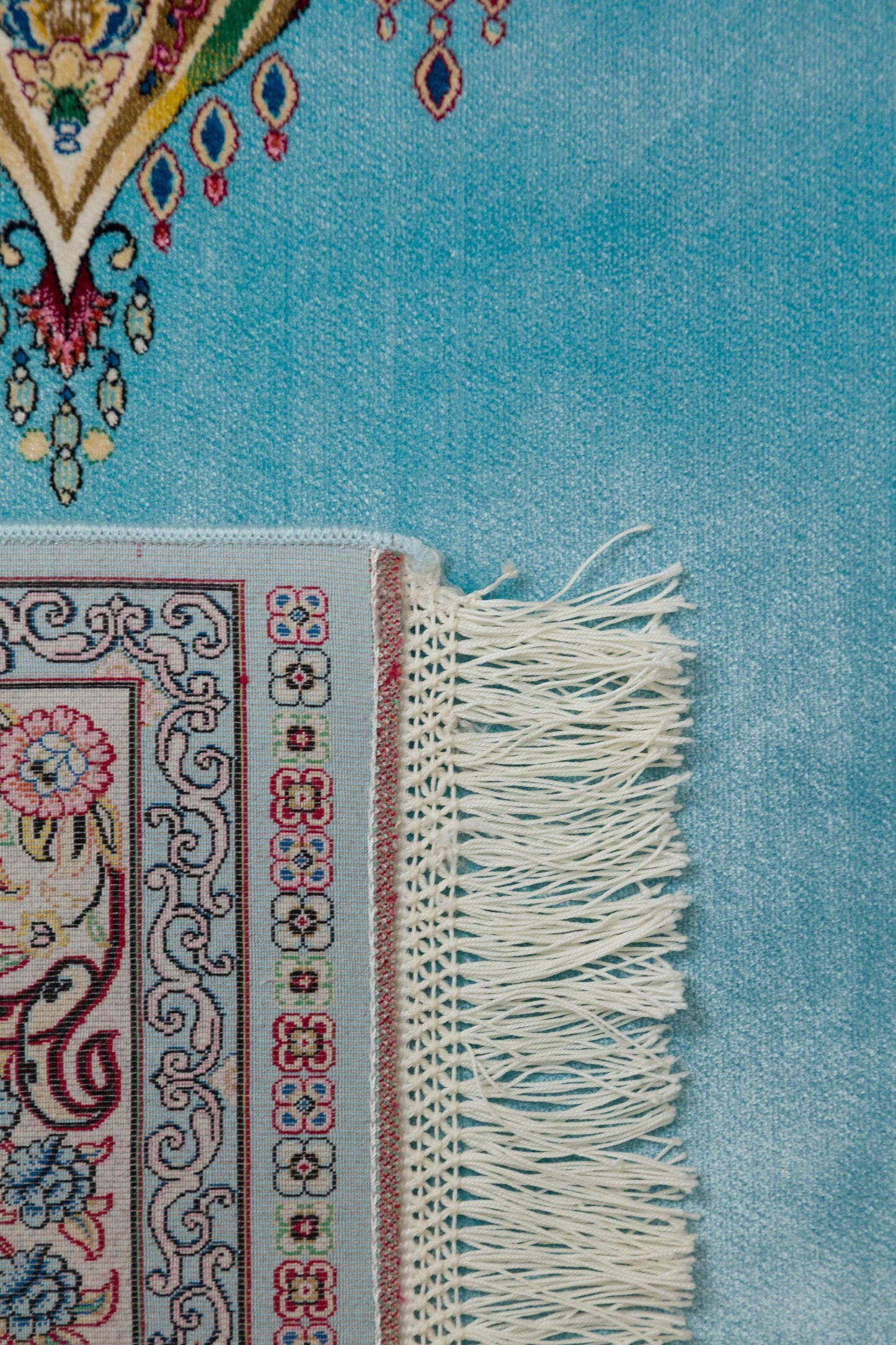 Light Blue Turkish Prayer Rug: Silk-Look Islamic Seccade with Floral Lantern