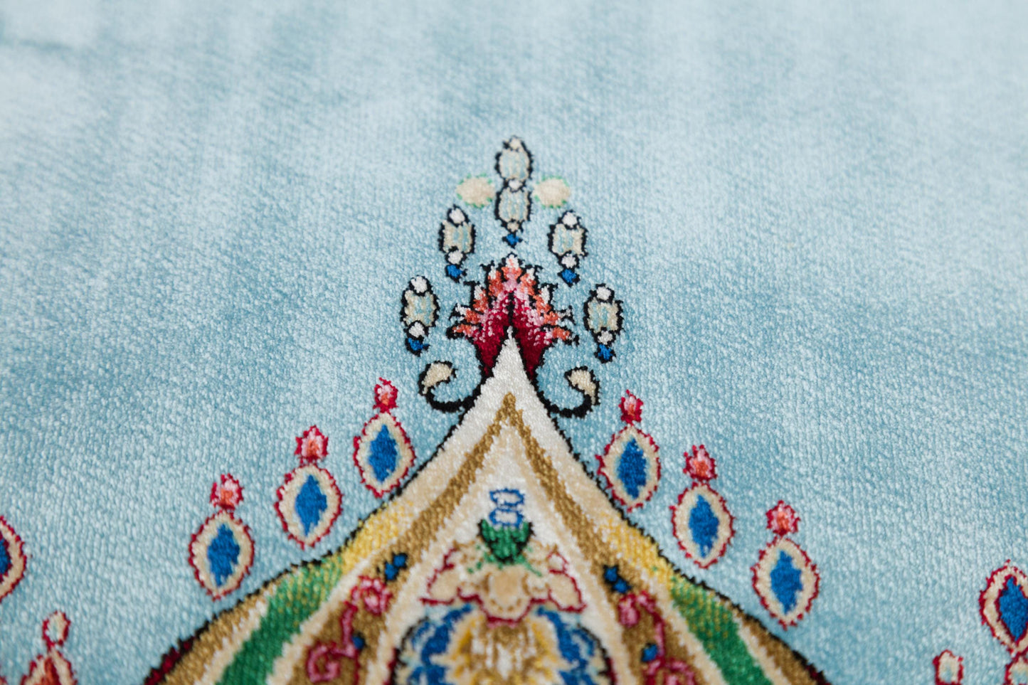 Light Blue Turkish Prayer Rug: Silk-Look Islamic Seccade with Floral Lantern