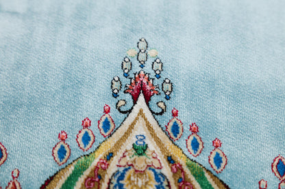 Light Blue Turkish Prayer Rug: Silk-Look Islamic Seccade with Floral Lantern