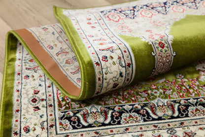 Green Turkish Prayer Rug, Soft Islamic Seccade, Floral Arch Design