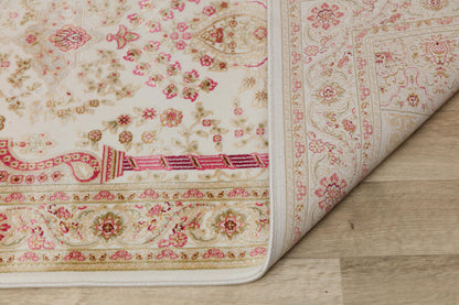 Floral Turkish Prayer Rug: Ivory Pink Seccade with Arch Design