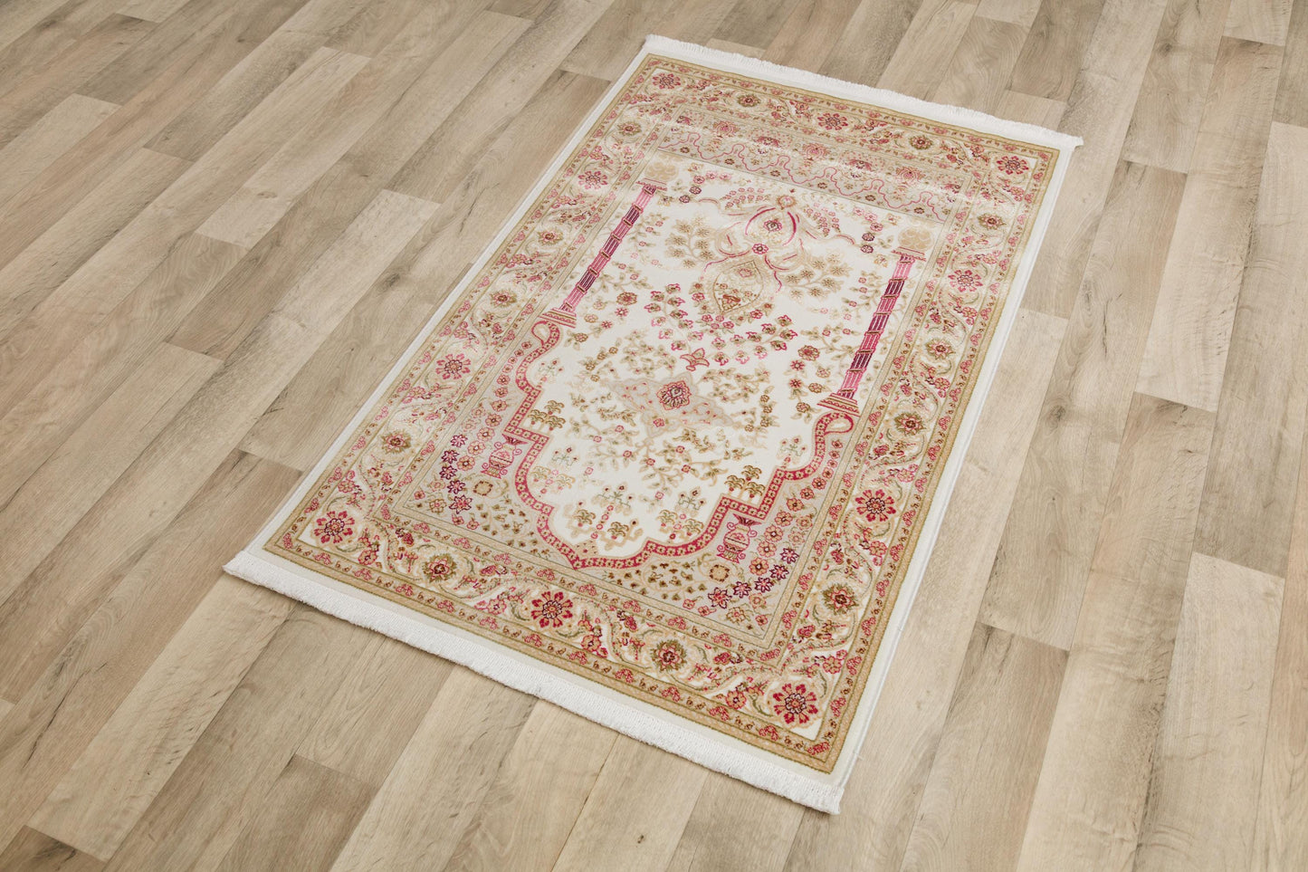 Floral Turkish Prayer Rug: Ivory Pink Seccade with Arch Design