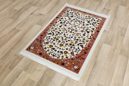 Floral Turkish Prayer Rug: Ivory & Pink Seccade, Arch Design