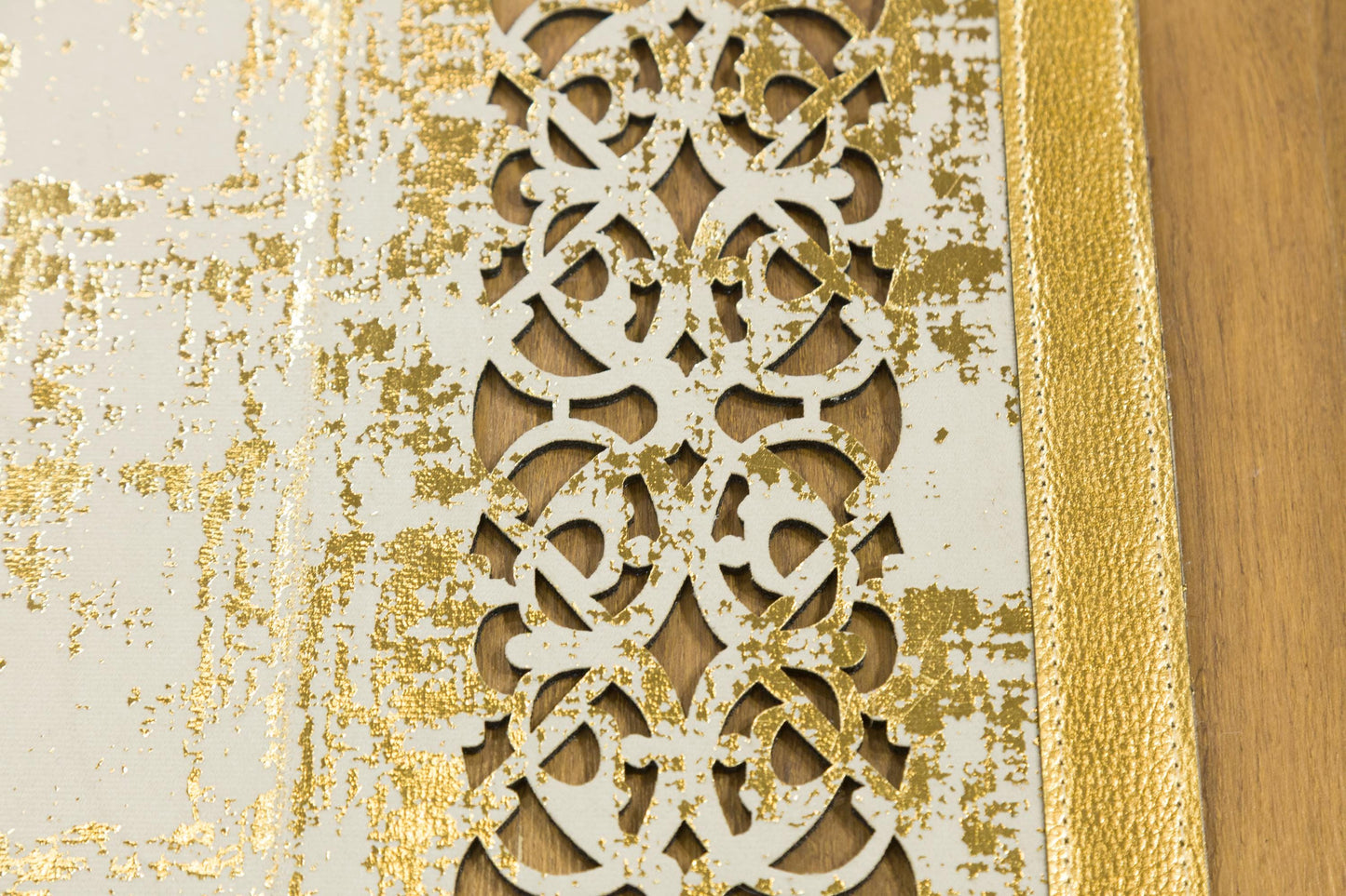 Metallic Rose Gold Geometric Rug: 5x7ft Laser Cut Faux Leather Carpet
