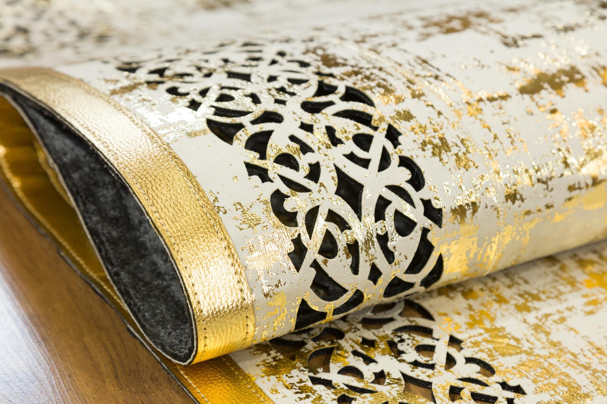 Metallic Rose Gold Geometric Rug: 5x7ft Laser Cut Faux Leather Carpet
