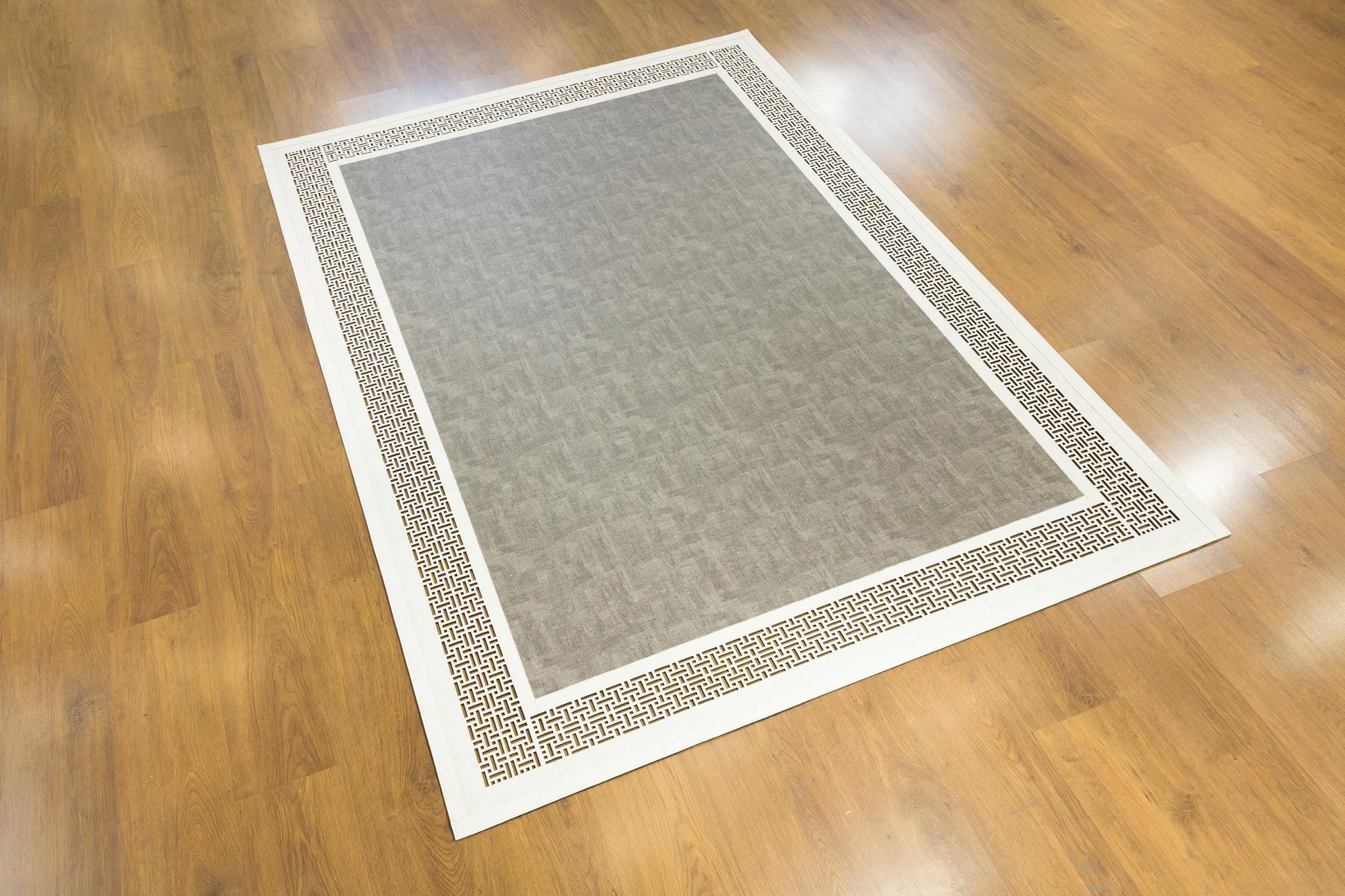 Laser Cut Faux Leather Rug: Modern Geometric Border, Turkish Floor Decor (5x7ft)