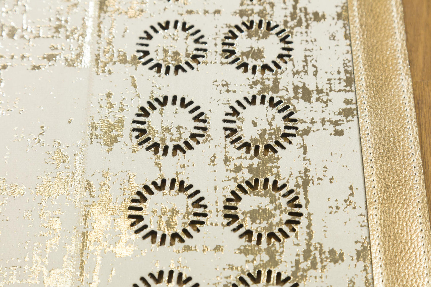 5x7ft Modern White Faux Leather Rug with Gold Laser Cut Border - Vegan Turkish Carpet