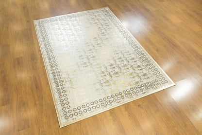 5x7ft Modern White Faux Leather Rug with Gold Laser Cut Border - Vegan Turkish Carpet