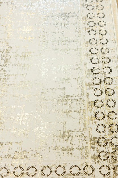 5x7ft Modern White Faux Leather Rug with Gold Laser Cut Border - Vegan Turkish Carpet
