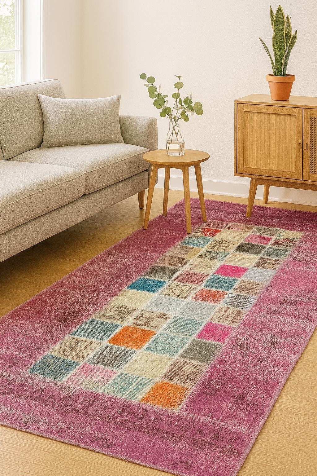 Handmade Wool Turkish Patchwork Rug: Pink Bohemian Vintage Area Rug