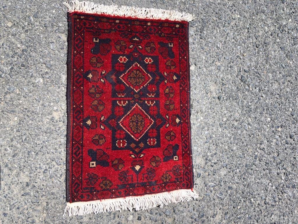Handmade Afghan Wool Rug: Tribal Red Boho Accent Mat (42x59 cm)