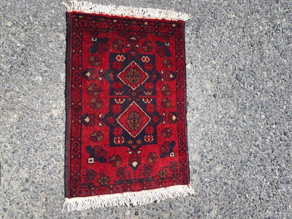 Handmade Afghan Wool Rug: Tribal Red Boho Accent Mat (42x59 cm)