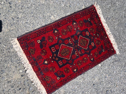 Handmade Afghan Wool Rug: Tribal Red Boho Accent Mat (42x59 cm)