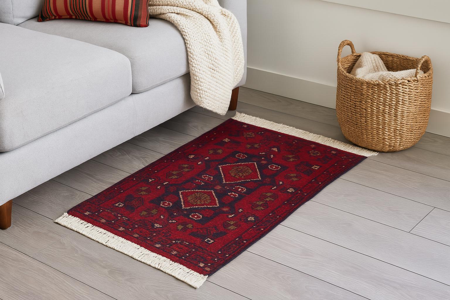 Handmade Afghan Wool Rug: Tribal Red Boho Accent Mat (42x59 cm)