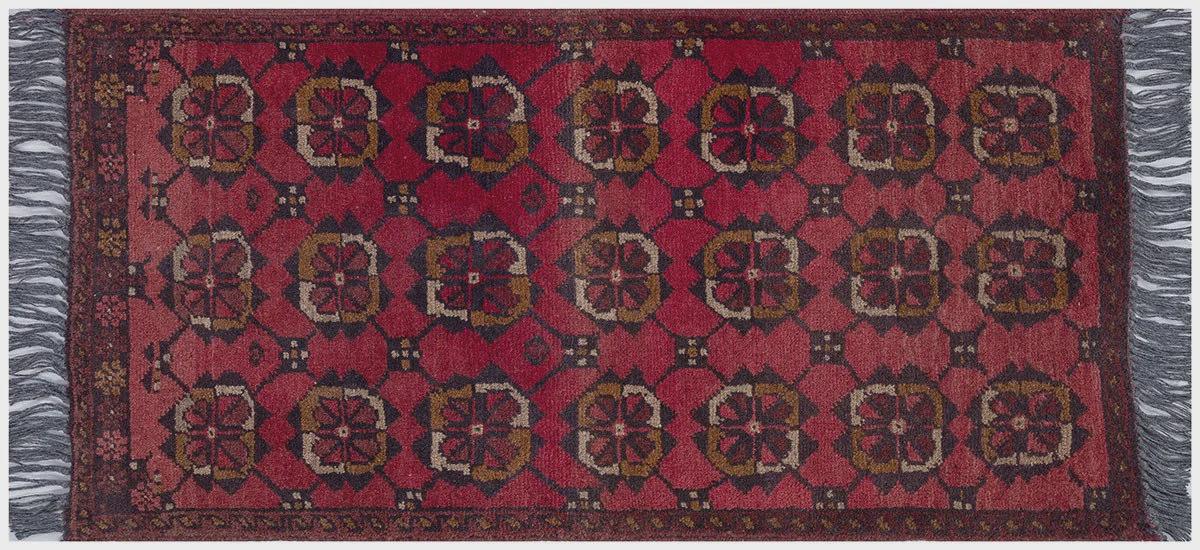 Small Afghan Rug: Handmade Tribal Red Wool Carpet, Boho Decor (50x96 cm)