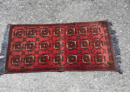 Small Afghan Rug: Handmade Tribal Red Wool Carpet, Boho Decor (50x96 cm)