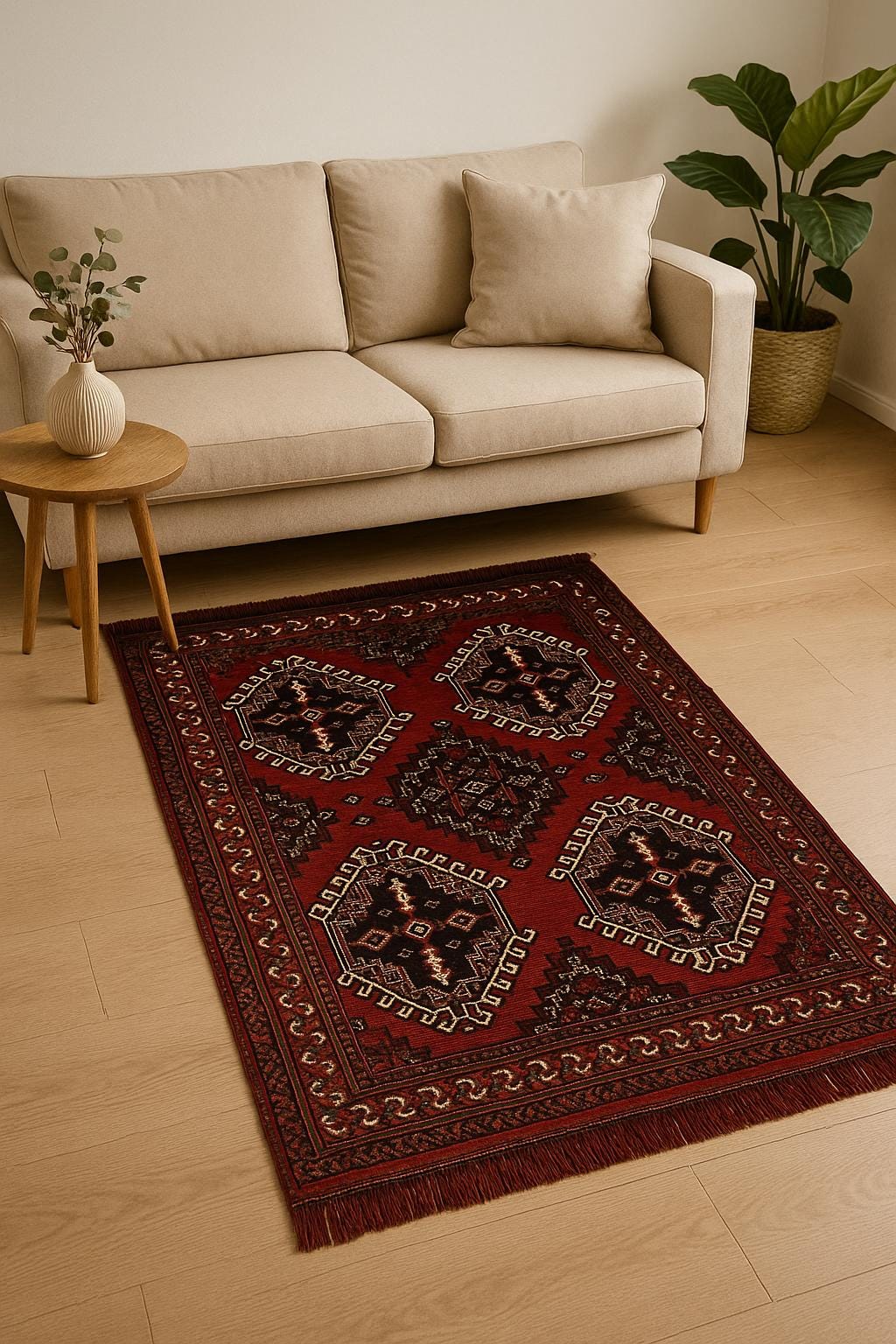 Red & Blue Washable oriental Afghan Rug: Vintage Farmhouse Style