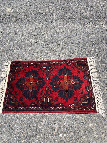 Handmade Afghan Wool Rug: Small Tribal Carpet, Boho Decor (39x59 cm)