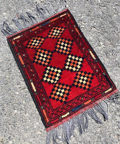 Small Afghan Wool Rug: 42x55 cm, Tribal Boho Decor