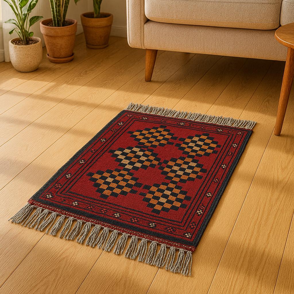 Small Afghan Wool Rug: 42x55 cm, Tribal Boho Decor