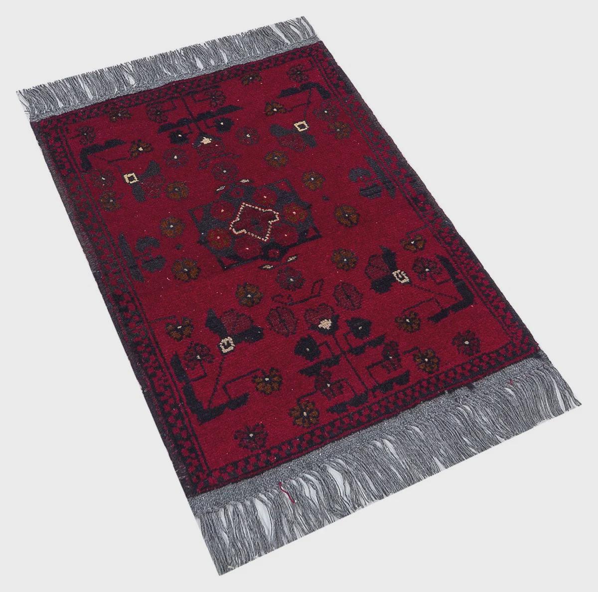 Small Handmade Afghan Rug: Tribal Red Wool Carpet, Boho Decor (44x61 cm)