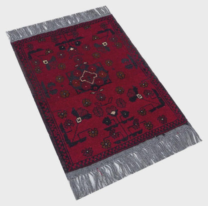 Small Handmade Afghan Rug: Tribal Red Wool Carpet, Boho Decor (44x61 cm)