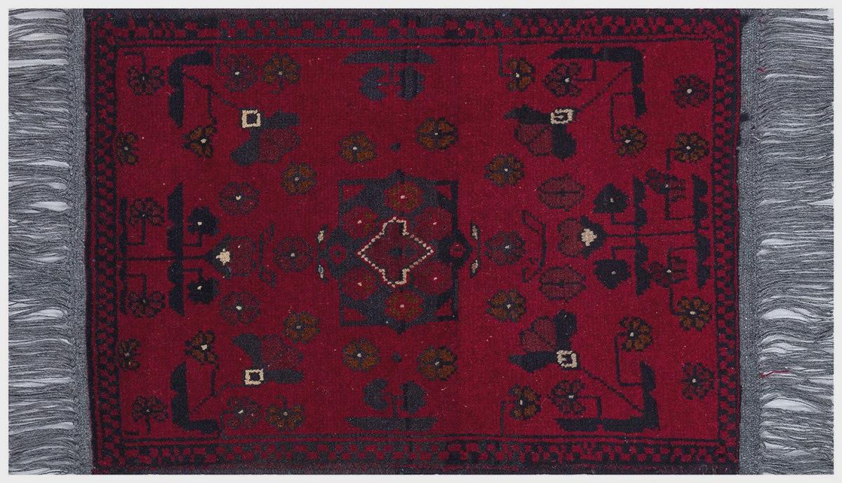 Small Handmade Afghan Rug: Tribal Red Wool Carpet, Boho Decor (44x61 cm)