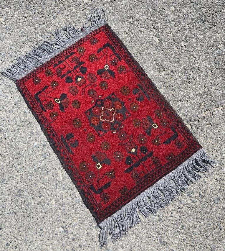 Small Handmade Afghan Rug: Tribal Red Wool Carpet, Boho Decor (44x61 cm)