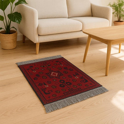 Small Handmade Afghan Rug: Tribal Red Wool Carpet, Boho Decor (44x61 cm)