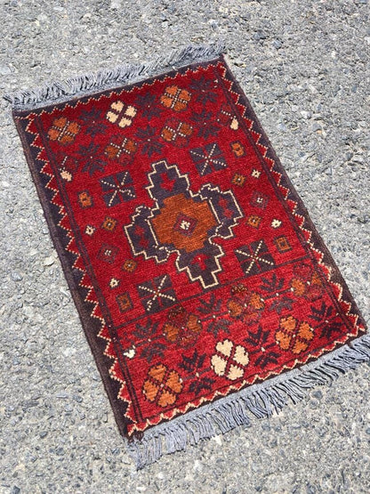 Small Handmade Afghan Wool Rug: Tribal Boho Decor (42x59 cm)