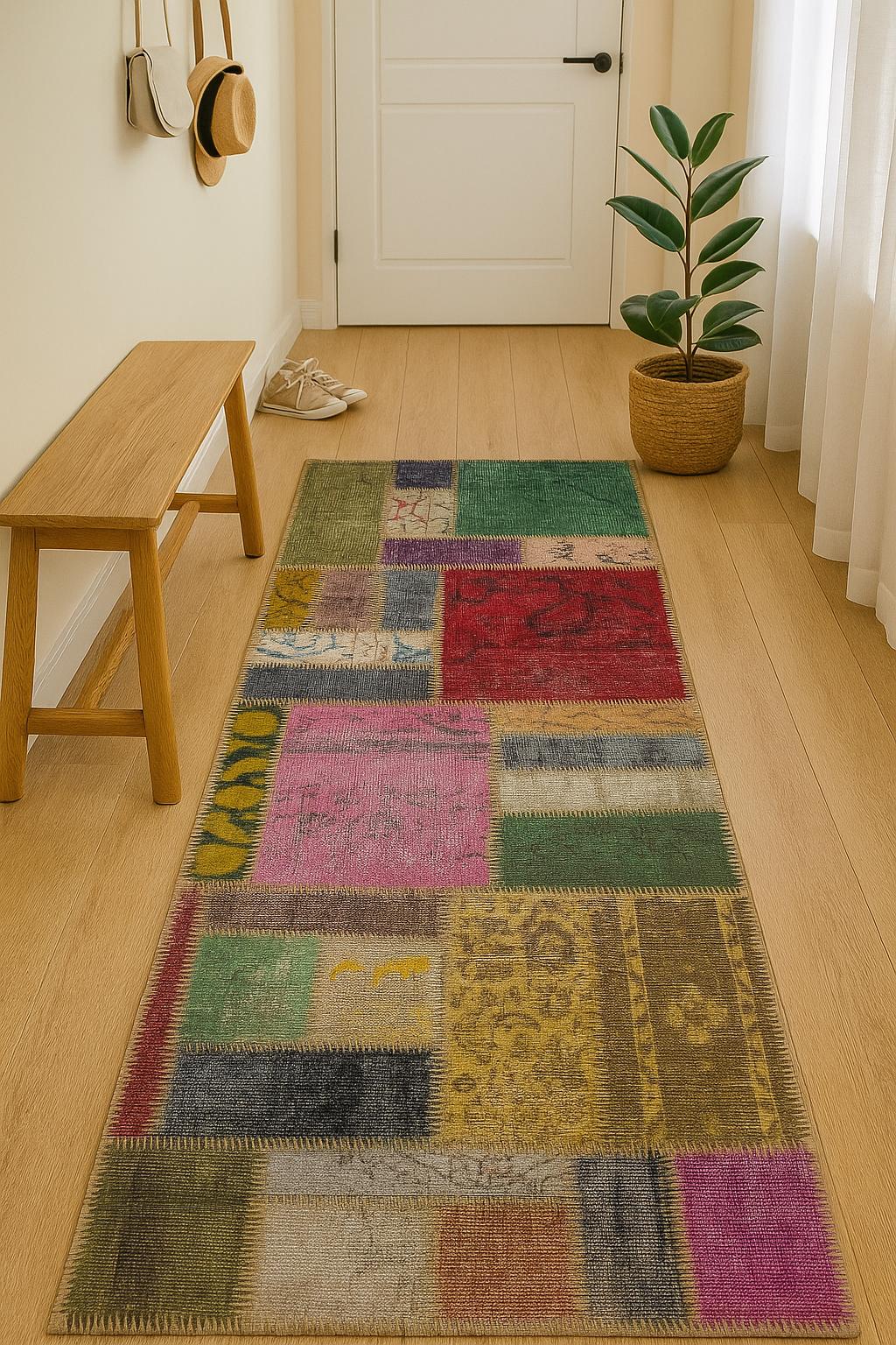 3.3x8.2, Handmade Wool Turkish Patchwork Rug – Vintage, Bohemian, One-of-a-Kind Area Rug