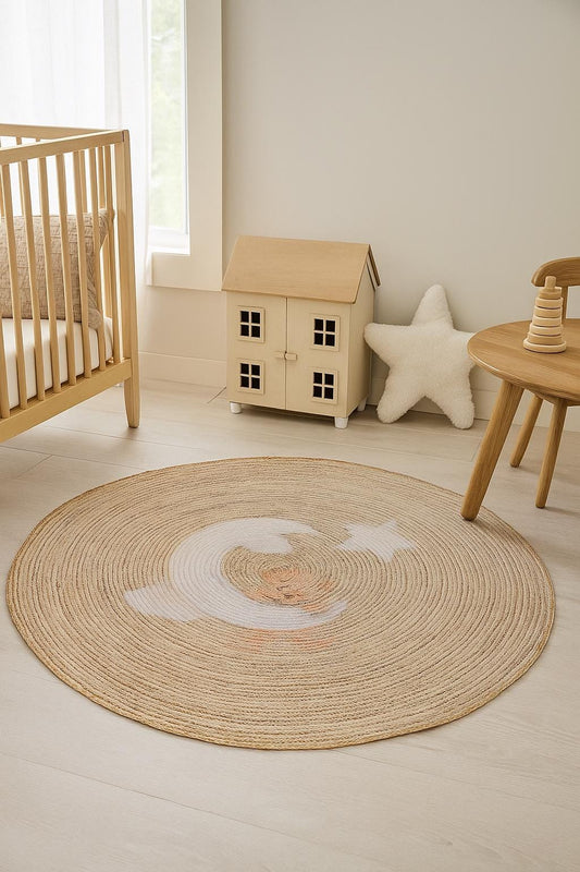 Bohemian Beige Jute Rug: Washable Indoor Outdoor Circle Carpet