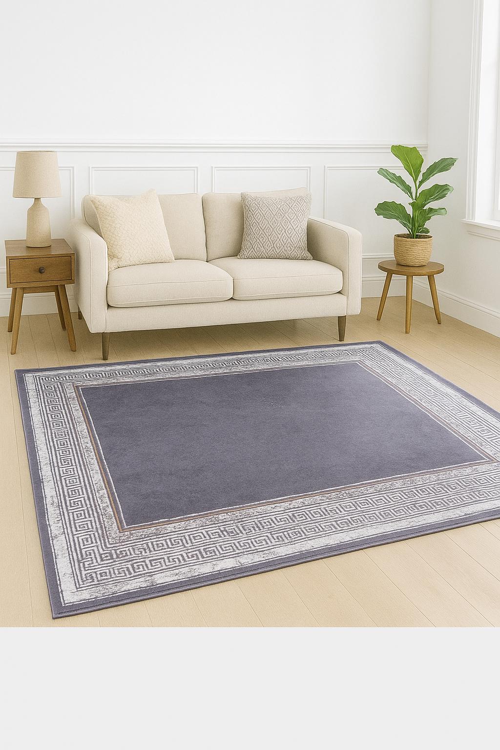 Distressed Lavender Area Rug | Greek Key Border, Vintage Style, Low Pile Carpet