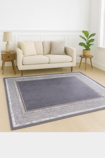 Distressed Lavender Area Rug | Greek Key Border, Vintage Style, Low Pile Carpet