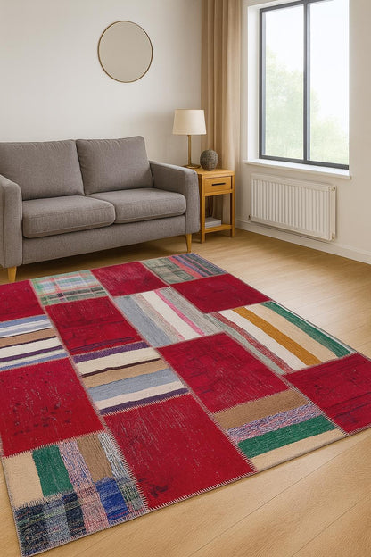 5.6x8, Handmade Wool Turkish Patchwork Rug – Vintage, Bohemian, One-of-a-Kind Area Rug