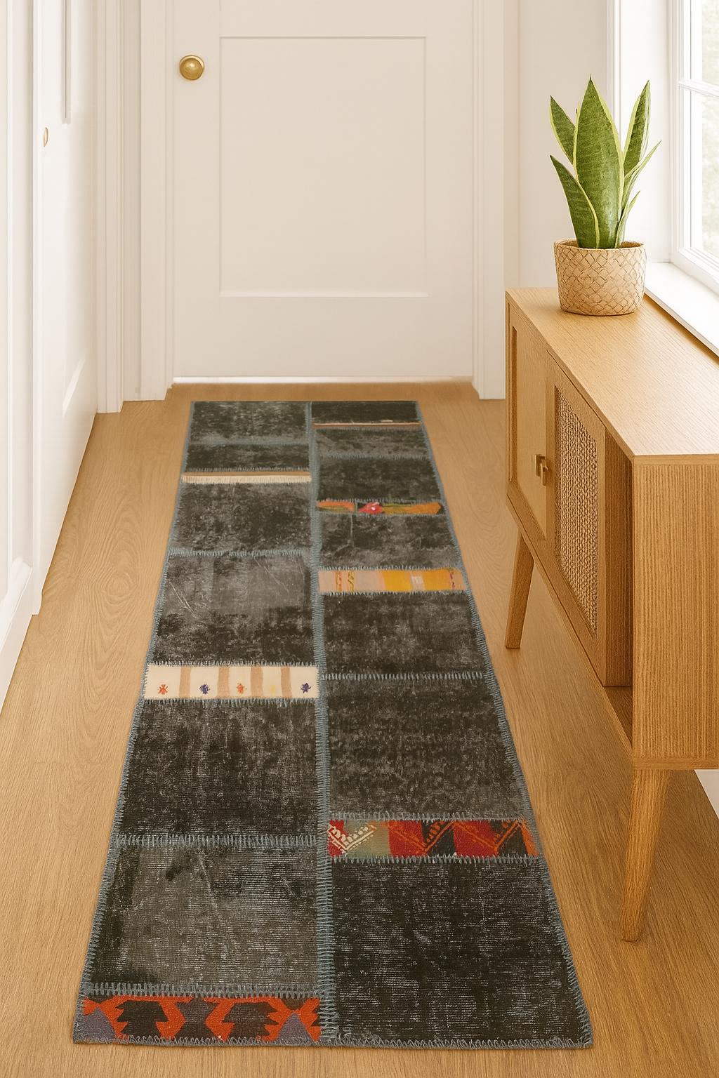 2.6x9.8, Handmade Wool Turkish Patchwork Rug – Vintage, Bohemian, One-of-a-Kind Area Rug