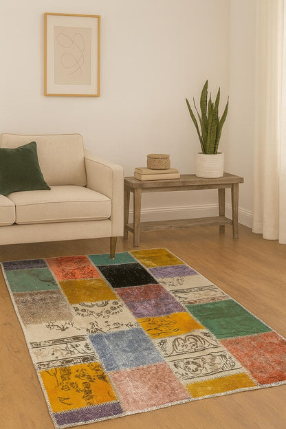 4.6x6.6, Handmade Wool Turkish Patchwork Rug – Vintage, Bohemian, One-of-a-Kind Area Rug