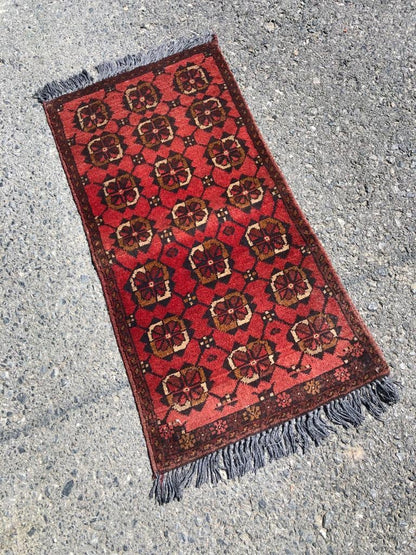 Small Afghan Rug: Handmade Tribal Red Wool Carpet, Boho Decor (50x96 cm)