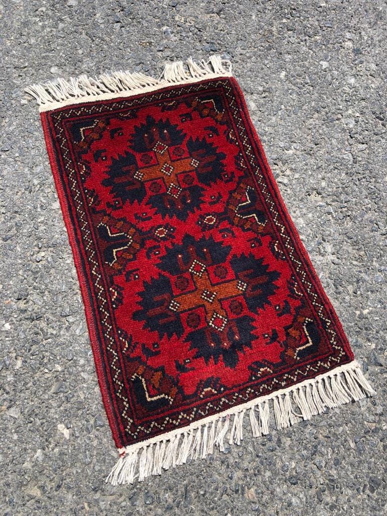 Handmade Afghan Wool Rug: Small Tribal Carpet, Boho Decor (39x59 cm)