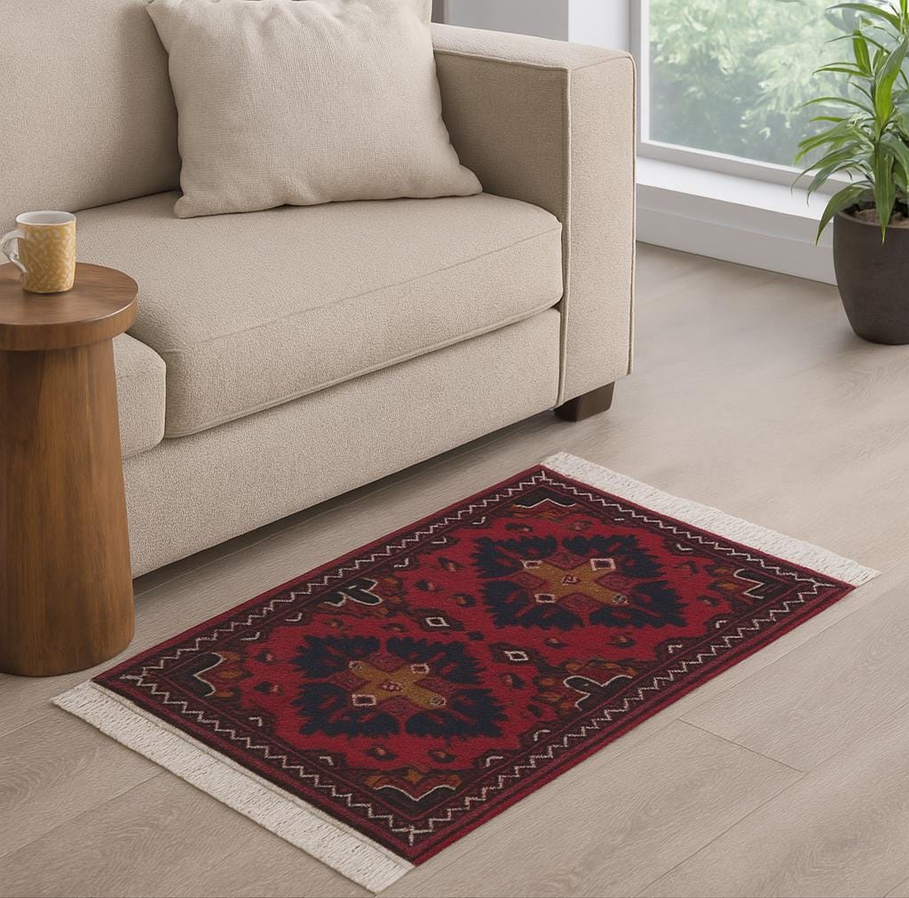 Handmade Afghan Wool Rug: Small Tribal Carpet, Boho Decor (39x59 cm)