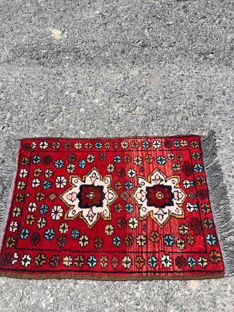 Small Afghan Rug: Handmade Tribal Red Wool Carpet, Boho Decor (42x61 cm)