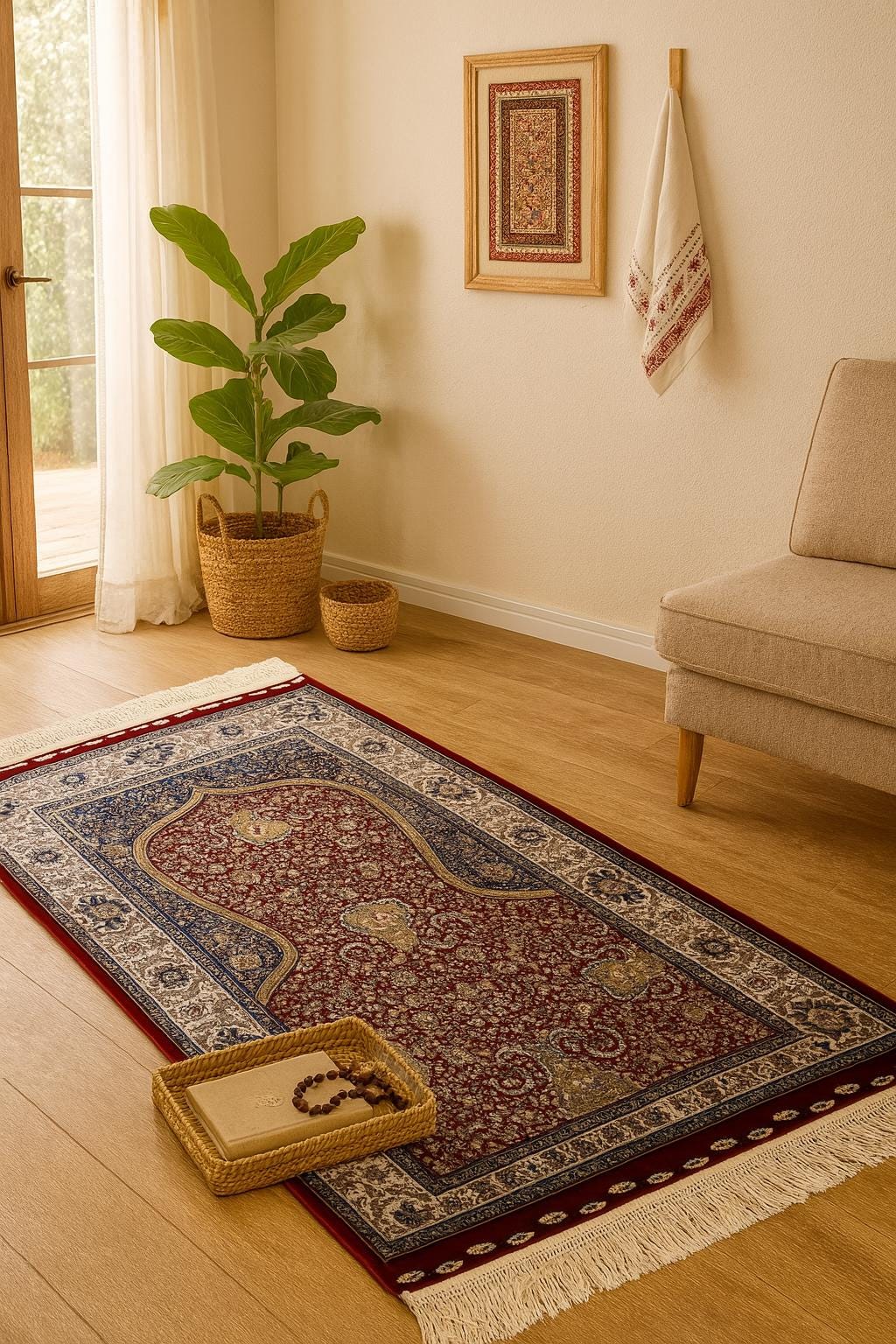 Bamboo Prayer Rug with Silk Fringes, Muslim Seccade