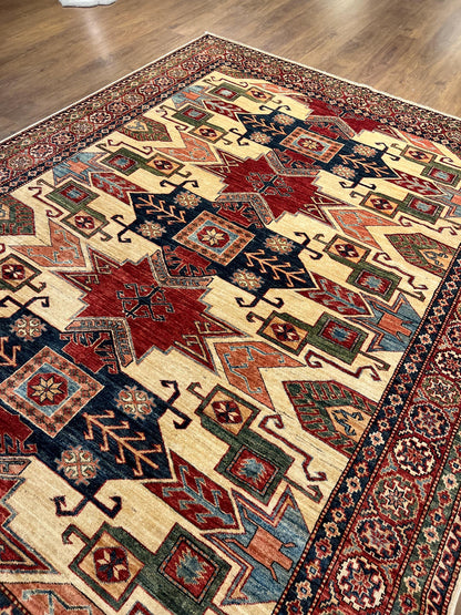 Large Handmade Afghan Kazak Rug – 207x274 cm - 7' x 9' -  Tribal Wool Carpet