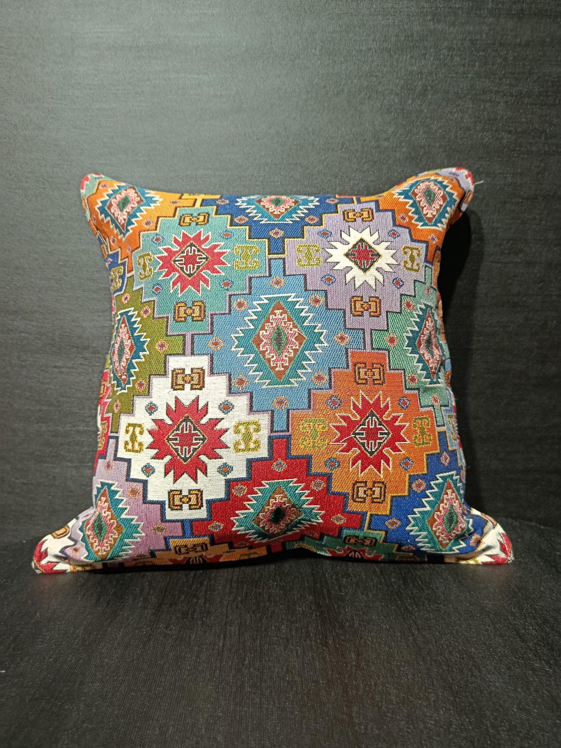 Colorful Kilim Pattern Throw Pillow – Bohemian Tribal Geometric Cushion Cover