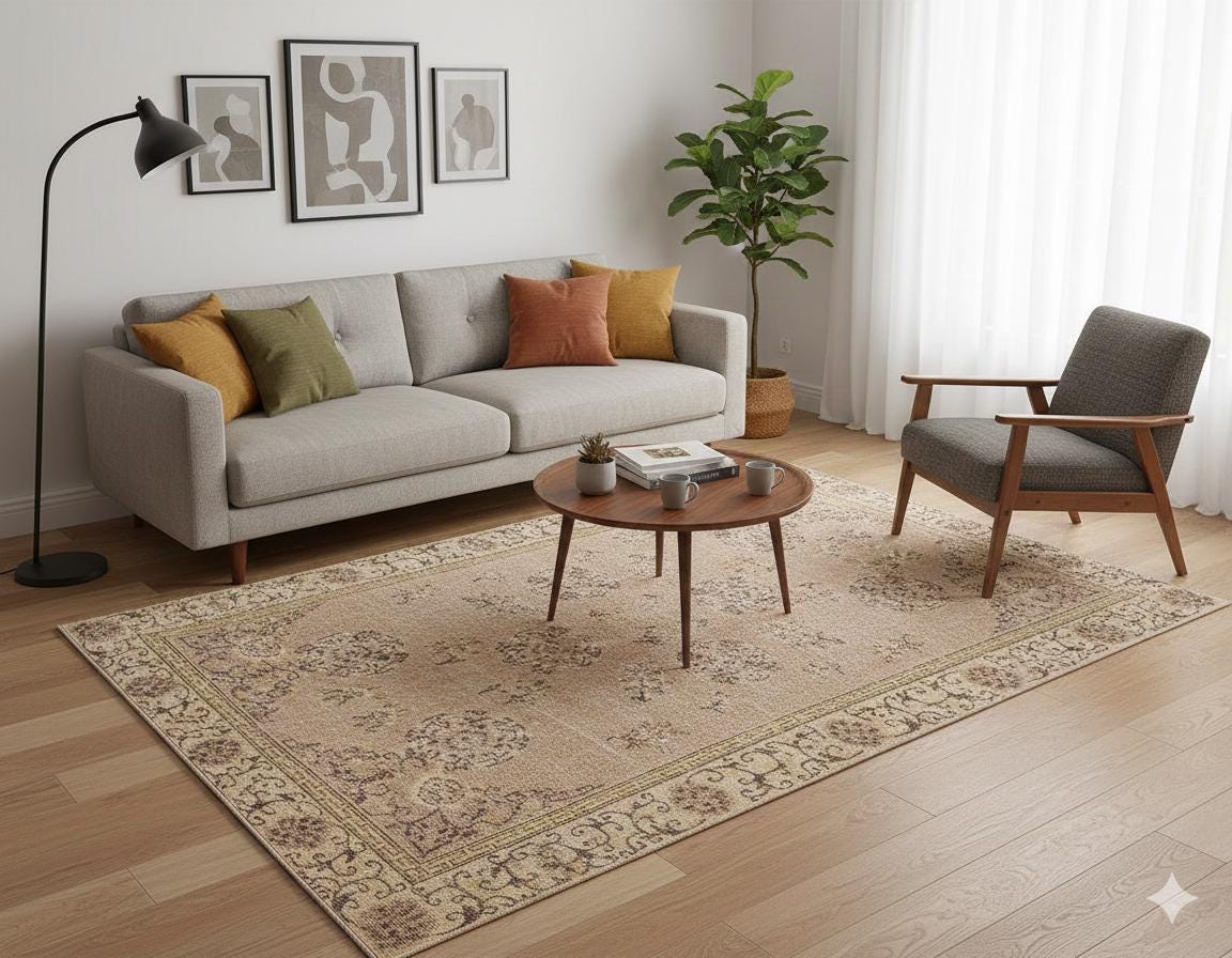 Vintage Turkish Beige Wool Rug (4.8x8.4 ft): Handmade Anatolian Area Rug