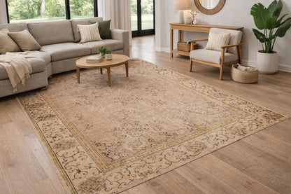 Vintage Turkish Beige Wool Rug (4.8x8.4 ft): Handmade Anatolian Area Rug