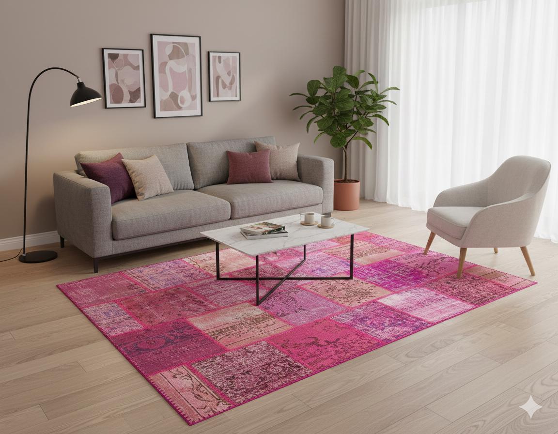 Handmade Pink Patchwork Rug: Bohemian Wool Area Rug (5.6x7.7ft)