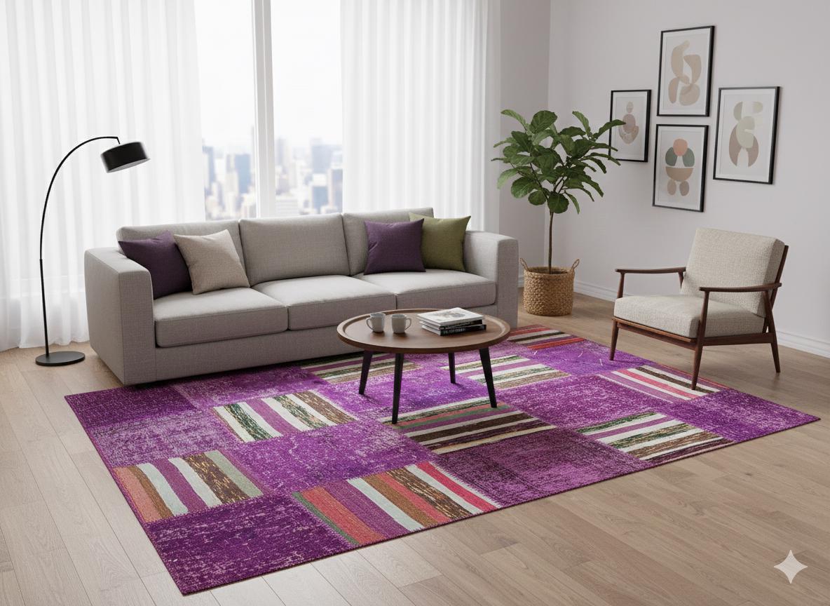 Handmade Purple Patchwork Rug: Bohemian Wool Area Rug (5'x8' ft)